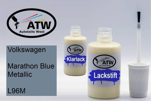 Volkswagen, Marathon Blue Metallic, L96M: 20ml Lackstift + 20ml Klarlack - Set, von ATW Autoteile West.